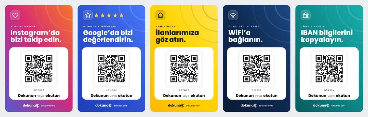Beş kart tasarımı yan yana: Instagram, Google yorum, Sahibinden, WiFi ve IBAN