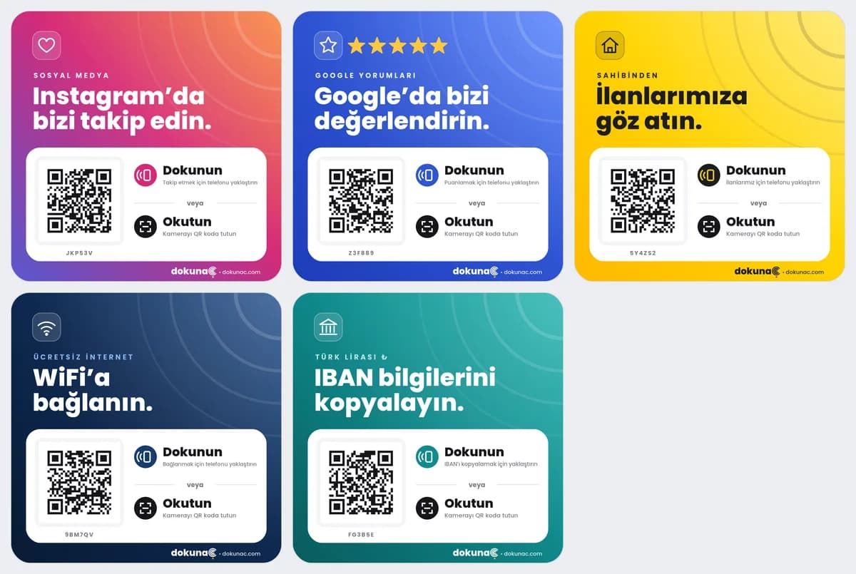 Beş pleksi plaka tasarımı: Instagram, Google yorum, Sahibinden, WiFi ve IBAN