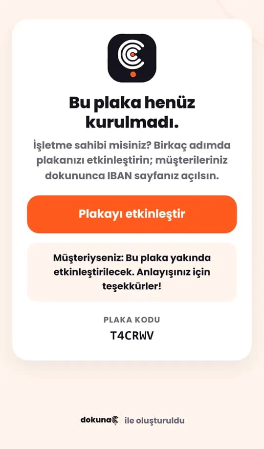 “Bu plaka henüz kurulmadı” sayfası: “Plakayı etkinleştir” butonu ve plaka kodu