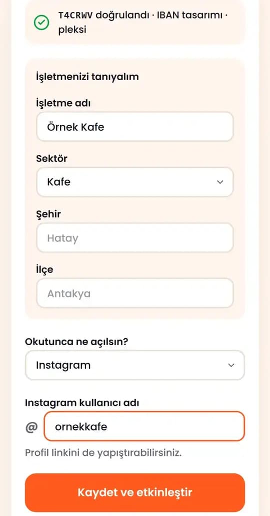 İşletme bilgileri ve hedef seçimi: işletme adı, sektör, “Okutunca ne açılsın?” seçimi ve Instagram kullanıcı adı alanı